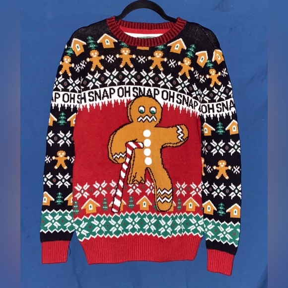 Christmas 🎄 UGLY Sweater “OH SNAP!” Gingerbread Man w/Candy Cane Crutch Size S - Picture 2 of 6